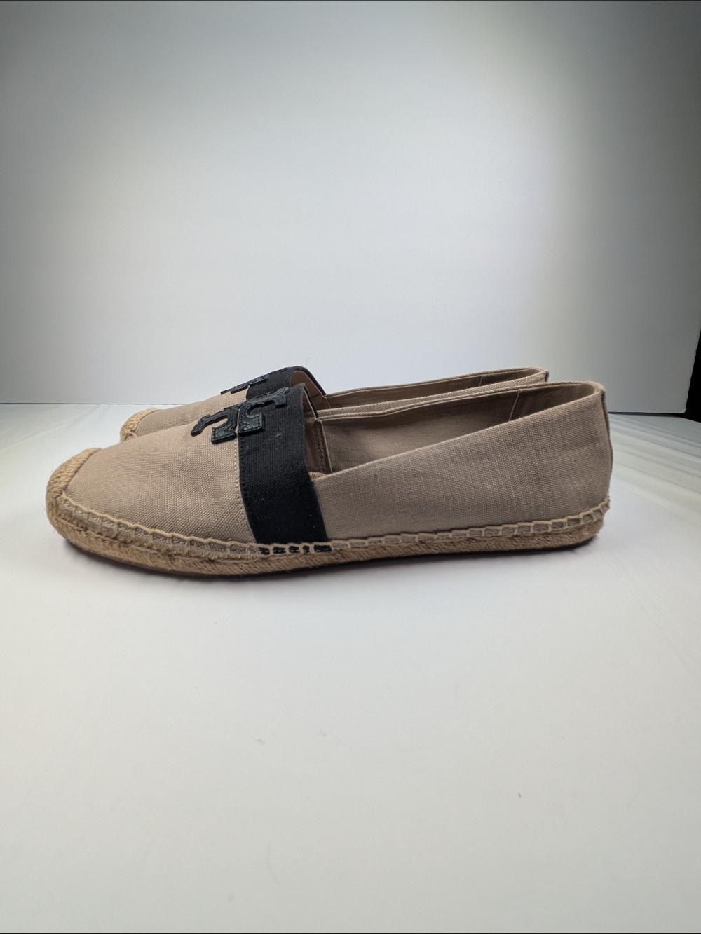 Tory Burch Women’s Beige Espadrille Slip-Ons with Black Trim